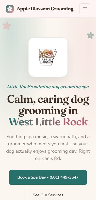 Apple Blossom Grooming mobile website built by Lingo, Little Rock dog grooming web design