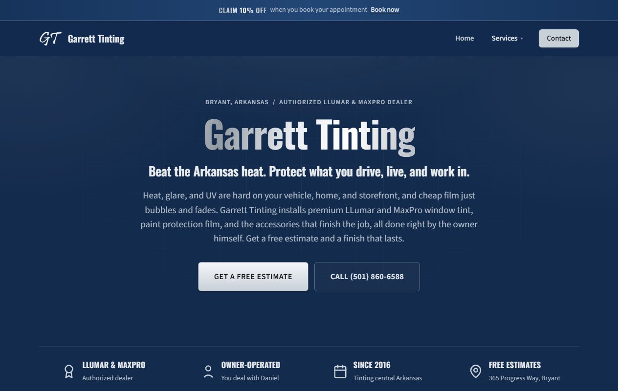 Garrett Tinting website built by Lingo, Arkansas window tinting web design